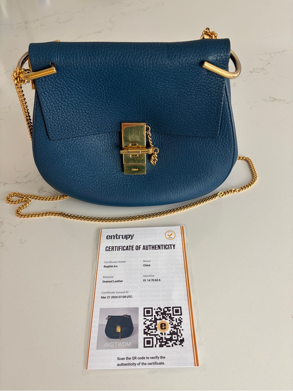 Chloé Drew Medium Blue Leather Shoulder Crossbody Bag Gold Hardware. With COA - Picture 6 of 15